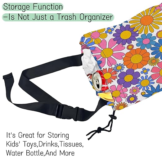 Groovy Flower Car Trash Bag,Retro Daisy Hanging Drawstring Car Garbage Bag,Waterproof Canvas Car Back Seat Organizer with Adjustable Buckle,for Vehicles,SUVs,Camping,Road Trips
