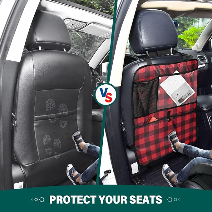 1 Pack Back Seat Car Organizer with Storage Pockets Kick Mats Back Seat Protector Hanging Car Organizer Automotive Seat Back Cover Organizers Red and Black Buffalo Plaid