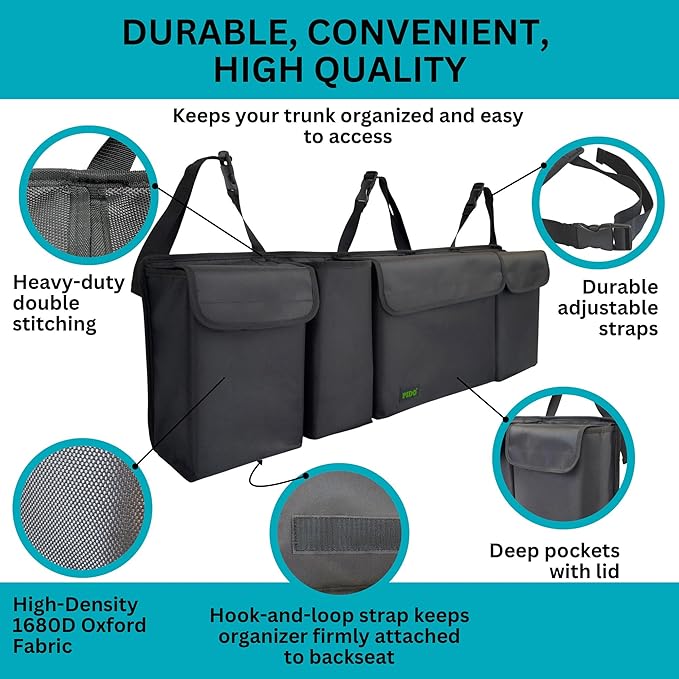 PIDO Hanging Trunk Organizer, Backseat Trunk Organizer for SUV, Hanging Car Storage Bag with Large Pockets for Sedan, Truck, Van, Upgraded Premium Fabric, Space Saving Car Interior Accessory