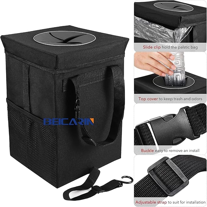 Beicarin Car Trash Can with Lid - Car Trash Bag Hanging with Storage Pockets Collapsible and Portable Car Garbage Bin, Leak-Proof Car Organizer, 1.82 Gallons Multipurpose Trash Bin for Car