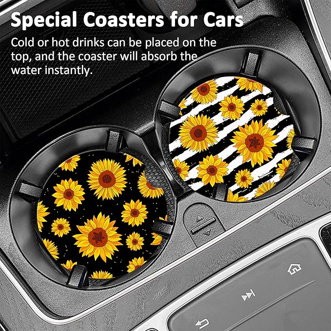 Autumn Sunflowers Car Cup Holder Coasters,Sunflowers Black White Stripe Car Cup Coasters Absorbent for Drinks with Cork Base Anti-Slip Universal Ceramic Insert Auto Interior Accessories 2Pcs