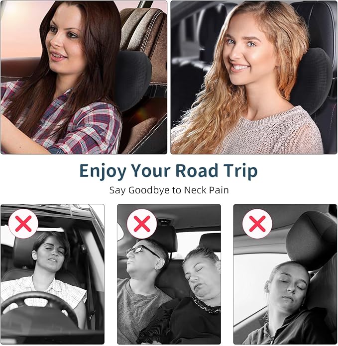 2 Pack Car Headrest Pillow, Comfy Head Rest Pillow for Car, 100% Memory Foam Car Neck Pillow for Driving - Universal Fit Travel Car Pillow for Pain Relief While Driving(Comes with 2 Eye Masks)