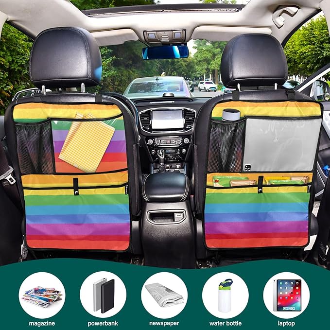 1 Pack Back Seat Car Organizer with Storage Pockets Kick Mats Back Seat Protector Hanging Car Organizer Automotive Seat Back Cover Organizers Vibrant Colorful Stripes
