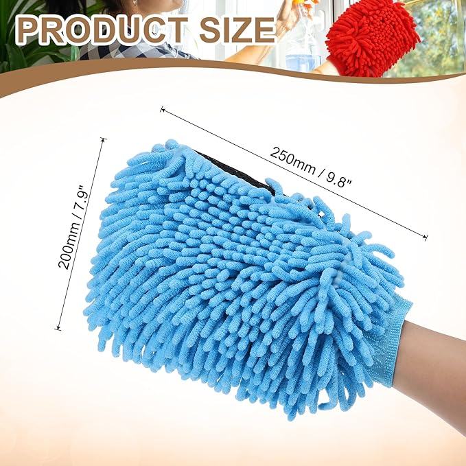 HARFINGTON Chenille Microfiber Car Wash Mitts 9.8" x 7.9" Scratch Free Wash Gloves Absorbent Double Sided Plush Cleaning Drying Mitts for Car Washing Home Clean, Light Blue