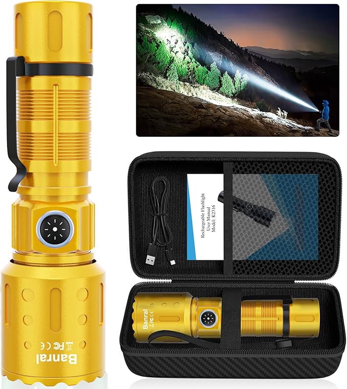Banral Flashlights High Lumens Rechargeable, Super Bright 1500 Meters Long Range Small Powerful Flashlight, 6 Modes LED Tactical Pocket Waterproof Flash Light for Home Emergency (1, Yellow Gold)