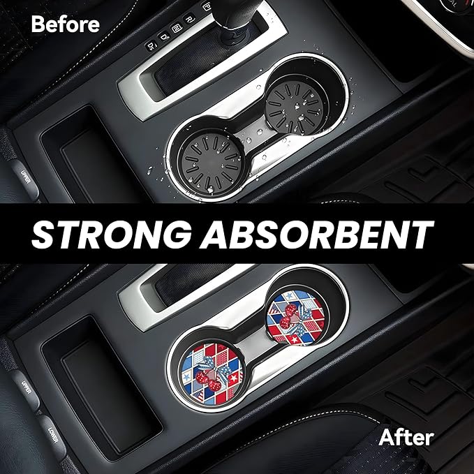 Absorbent Car Coasters for Cup Holders, 2 Pack Universal Anti Slip Ceramic Cup Coaster for Women Men 2.56 Inch Car Interior Accessories - Bow Tie Cherry Stars and Stripes 020