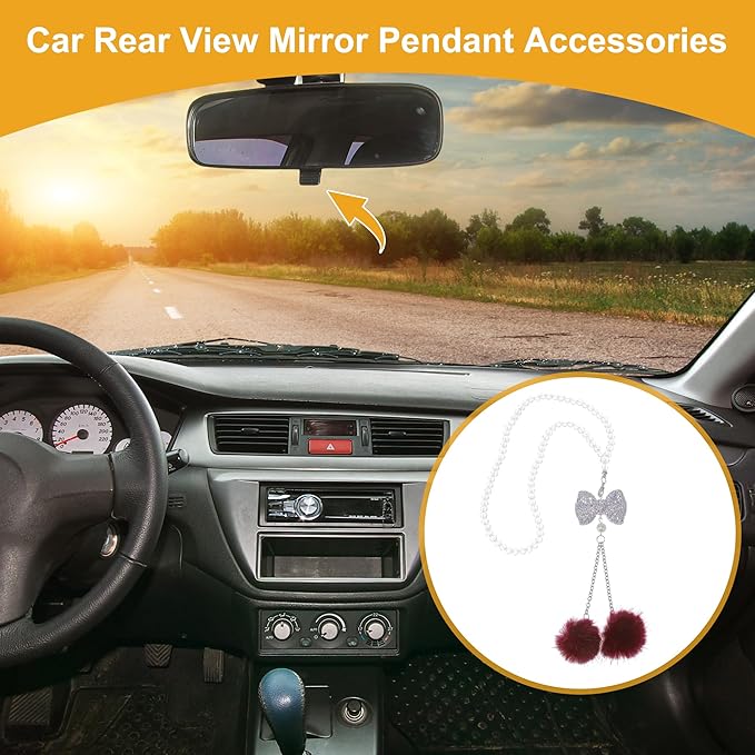 1 Pcs Artificial Crystal Bow,Mink Hair Car Rear View Mirror Pendant Accessories Car Hanging Ornament Wine Red