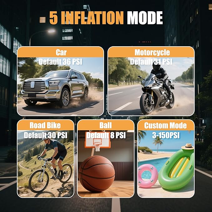 Portable Tire Inflator, 150PSI Air Compressor with LCD pressure gauge & Auto shut-off, Features built-in LED light, Safety hammer & Seatbelt Cutter, for Car/Bike/Motorcycles/Ball