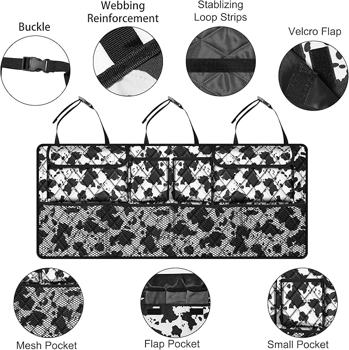 Femuar Car Trunk Organizer,Large Capacity Backseat Trunk Organizer(42"*18"),Collapsible Car Storage Bag with 8 Pocekt,SUV/MPV/Truck - Cow print