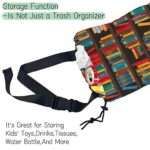 Bookshelves Car Trash Bag,Multicolored Book Hanging Drawstring Car Garbage Bag,Waterproof Canvas Car Back Seat Organizer with Adjustable Buckle,for Vehicles,SUVs,Camping,Road Trips