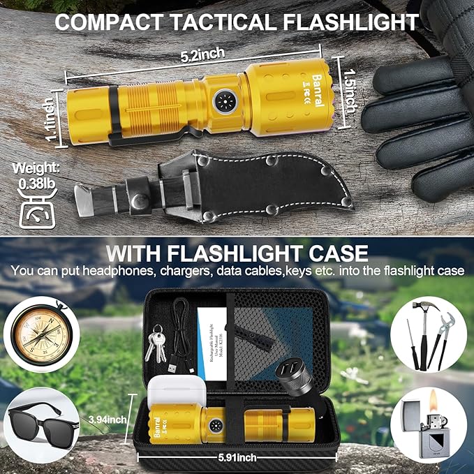 Banral Flashlights High Lumens Rechargeable, Super Bright 1500 Meters Long Range Small Powerful Flashlight, 6 Modes LED Tactical Pocket Waterproof Flash Light for Home Emergency (1, Yellow Gold)