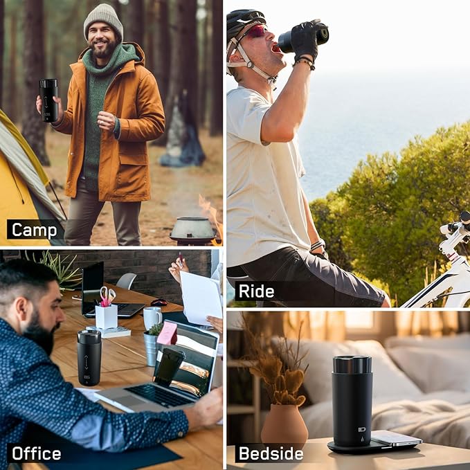 Temperature Control Heated Coffee Mug Smart Self Heating Travel Mug 12 Oz App Controlled Warmer Mug 4-10 Hour LED Display Keep Coffee Hot Fast Wireless Charger Base Iron Black