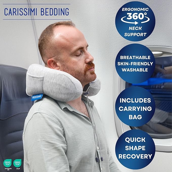 Travel Neck Pillow with Bag – Compact Memory Foam Neck Pillow for Airplane, Car and Office – Ergonomic Design for Travel Comfort and Shoulder & Neck Support
