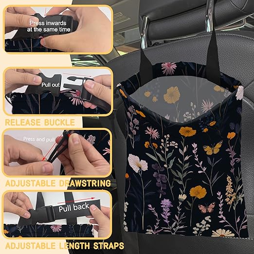 Colorful Meadow Herbs Car Garbage Bag,Flying Butterfly Small Car Trash Bag Hanging,Drawstring Car Garbage Bag with Adjustable Buckle for Car Back Seat,SUVs,Camping,Road Trips