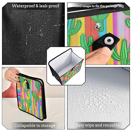 Rainbow Color Stripes and Cactus Car Trash Can Foldable Hanging Waterproof Medium Automotive Garbage Cans Trash Bin Storage Bag Car Dustbin Organizer Accessories Large 11x11x5.9