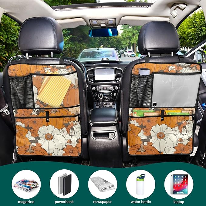 Thanksgiving Pumpkins Flowers Orange 1 Pack Backseat Car Organizer with Storage Pockets Seat Back Organizers for Kids Kick Mats Backseat Protector Automotive
