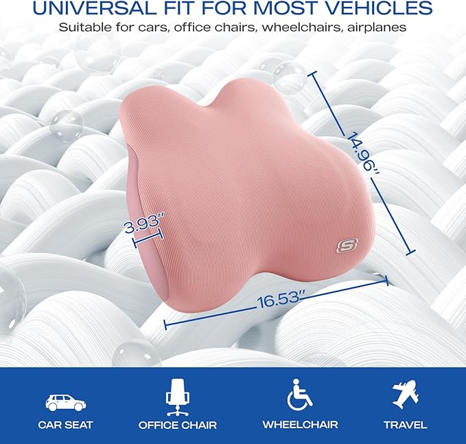 Skechers Women’s Lumbar Pillow,Memory Foam Lumbar Support Pillow for Office,Chair Lower Back Pain Relief Lumbar Pillow,Ergonomic Design Back Support Pillow for Office Chair,Car,Home,Travel,Pink