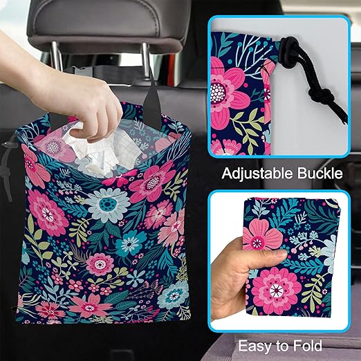 Car Trash Bag Hanging Tropical Flower Trash Can Waterproof Garbage Bag Hanging for Car Back Seat with Adjustable Straps and Drawstring for Car Accessories Vehicle Travelling