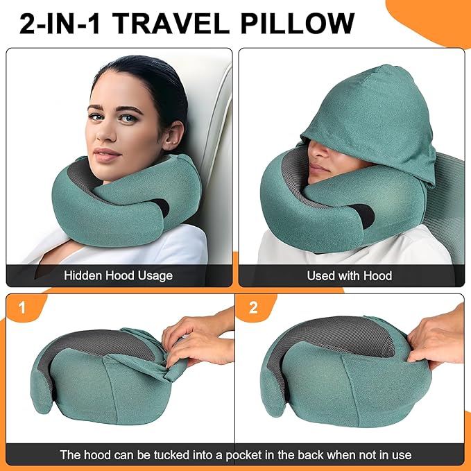 Travel Pillow - Hooded Neck Pillow Airplane Memory Foam Filling for Plane, Office, Cars Sleeping, Road Trip, Long Flights, Portable Plane Accessories, Includes Eye Mask & Earplugs (Green)