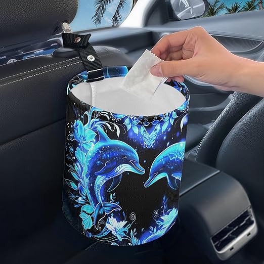 Cute Car Trash Can Blue Dolphin Flowers Print Automotive Accessories for Interior Organizer Truck SUV RV Vehicle Home Office Small Portable Hanging Garbage Bags