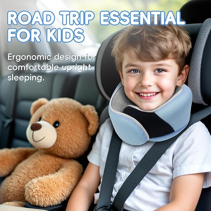 Proglobe Junior Kids Travel Neck Pillow - Ergonomic Memory Foam Pillow for Airplane, Car, Booster Seat - Soft, Washable, Compact Travel Pillow with Strap - Light Blue - Ages 4 Years and Up