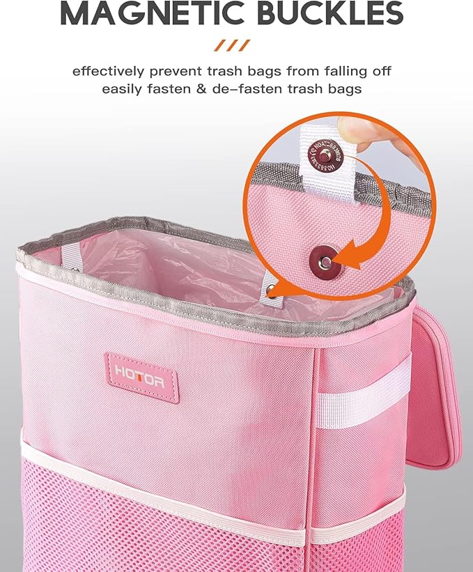 HOTOR 3 Gallons Car Trash Can, Ultra Large Capacity Organizer and Storage with Adjustable Straps & Magnetic Snaps, Waterproof Car Accessory for Interior Car Stuff Storage, Pink