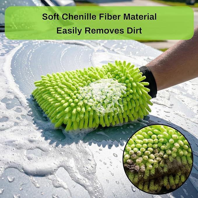 2Pack Car Wash Mitt, 8"×12" Fiber Microfiber Mitt Car Wash Brush for Scratch, Safe on Painted Surfaces, Glass & Plastic, Cars Cleaning Kit Essential, Green