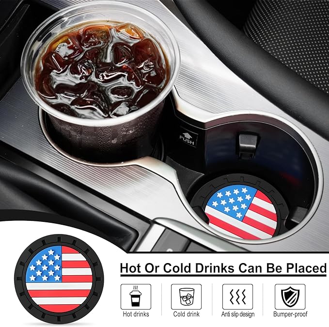 JUSTTOP Car Cup Holder Coaster,American Flag Non-Slip Insert Car Cup Coaster,Car Accessories Interior for Women and Man,4 Pack Multicolour