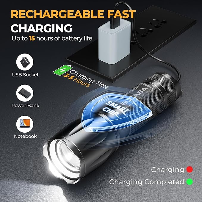 6 Pack Rechargeable Flashlights High Lumens, Brighter Small Flashlight Powerful Tactical Flashlights Rechargeable, Waterproof LED Flashlight with 3 Zoomable Modes for Camping Emergency