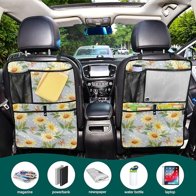 2 Pack Backseat Car Organizer with Storage Pockets Seat Back Organizers for Kids Kick Mats Backseat Protector Automotive Yellow Sunflowers