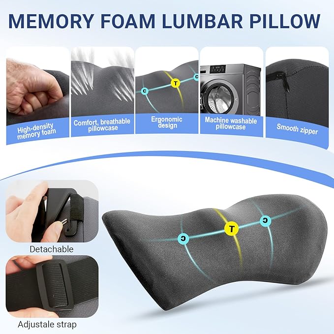Lumbar Pillow with Adjustable Strap, Memory Foam Lumbar Support Pillow for Office Chair and Car Seat, Back Pillow for Lower Back, Back Support Pillow for Sitting, Driving, Traveling