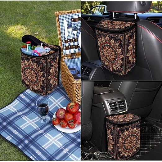 1.2 Gallon Mandala Print Car Trash Can with Leak-Proof Lid, Easy Install, Ideal for Family Trips and Camping