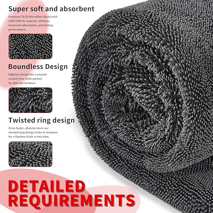 Wasal Car Drying Towel - 24" x 36" XL, Popular Pick Among Detailing Pro- 1300 GSM Microfiber Edgeless Twisted Loop Design - 70/30 Blend, Extra Large,Super-Fast Drying, Streak Free