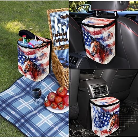 1.2 Gallons Car Trash Bag Hanging, American Flag Car Garbage Bags, Adjustable Hanging for Tail of Console/Back of Seats, Odor-Free with Zipper Leak-Proof Lid Design, Mini Size for Convenience