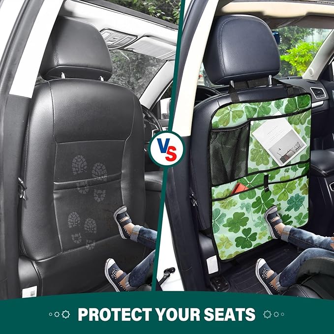 1 Pack Back Seat Car Organizer with Storage Pockets Kick Mats Back Seat Protector Hanging Car Organizer Automotive Seat Back Cover Organizers Green Nature St Patrick Clovers