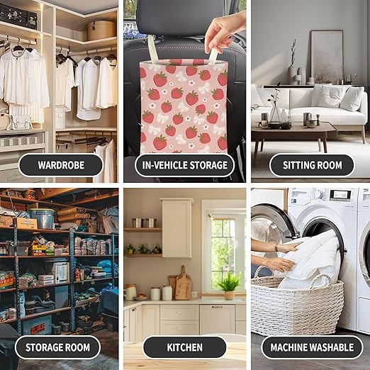 Cute Car Trash Can, Hanging Canvas Car Back Seat Organizer and Storage Bag, Funny Car Trash Bag for Travelling, Outdoor Cute Pink Strawberry