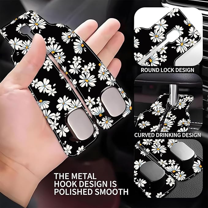 1 Pack Car Seat Headrest Hooks for Purses and Bags Watercolor Daisy Floral Bag Purse Holder for Car with Double Metal Hooks Car Purse Hanger Hanging Accessories