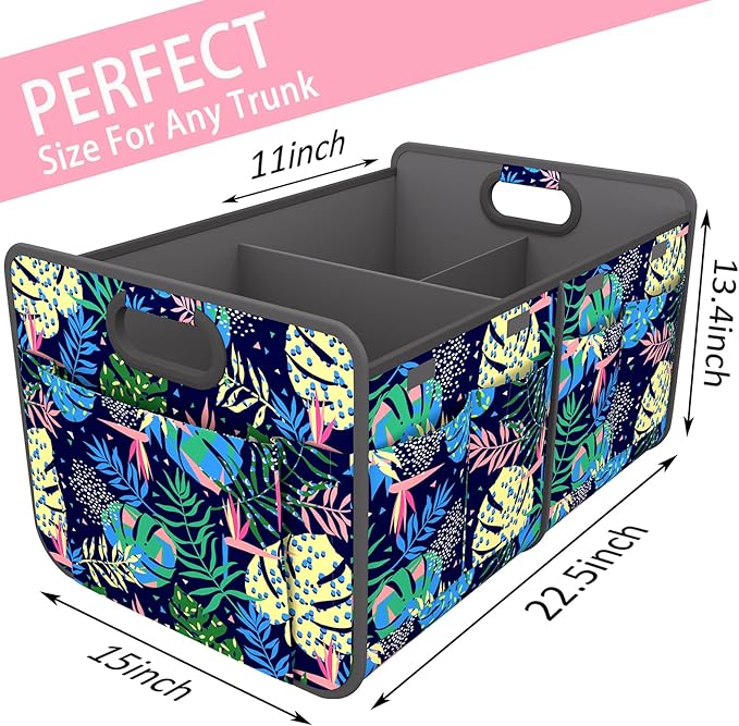 Homeve Trunk Organizer, Car Storage, Reinforced Handles, Collapsible Multi-Compartment Car Organizers, Foldable, Waterproof, 600D Oxford Polyester (Color Leaves, 2 Compart)