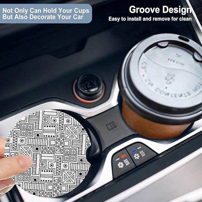 Black White Tribal Striped Ceramic Car Coaster for Cup Holders - 2.56 Inch Anti-Slip Cork Base - 2Pcs Auto Accessories for Women Men