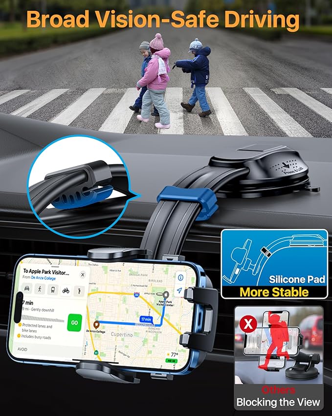 HTU Upgraded Strongest Suction Car Phone Holder Bendable Arm, Never Block View Rotatable Cellphone Mount for Dashboard Windshield Vent, Cradle Stand for iPhone 17 16 15 14 13 12 Pro Max (Dark Pink)