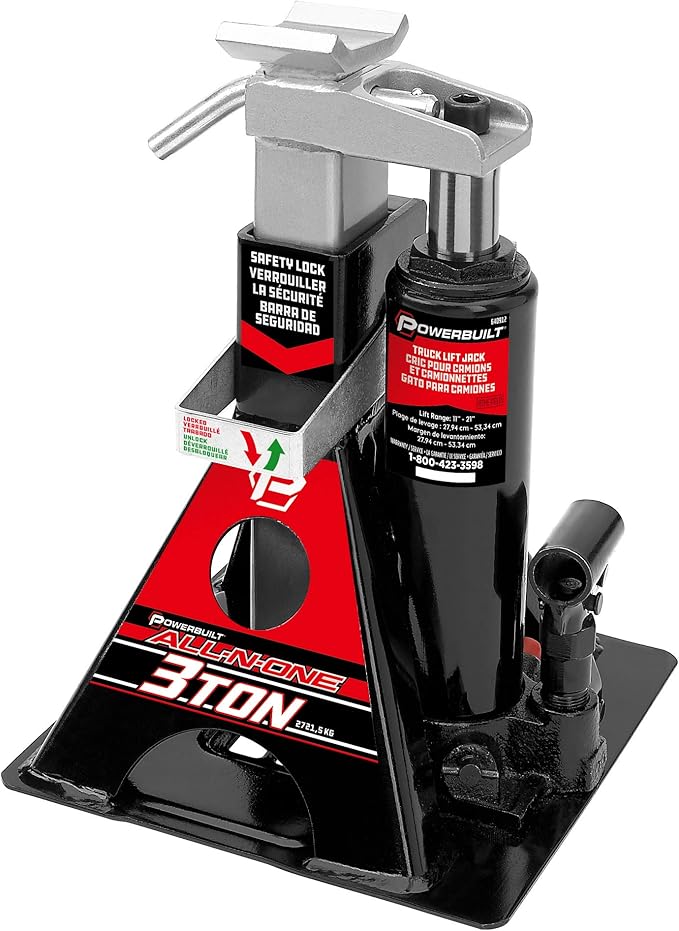 POWERBUILT 3 Ton All-in-One Hydraulic Bottle Jack and Jackstand in One, Compact, Wide Base, 11-21 Inch Range, Eliminates Jackstands, for Trucks, SUVs, RVs, Trailers, ASME, Not for Sedans - 640912