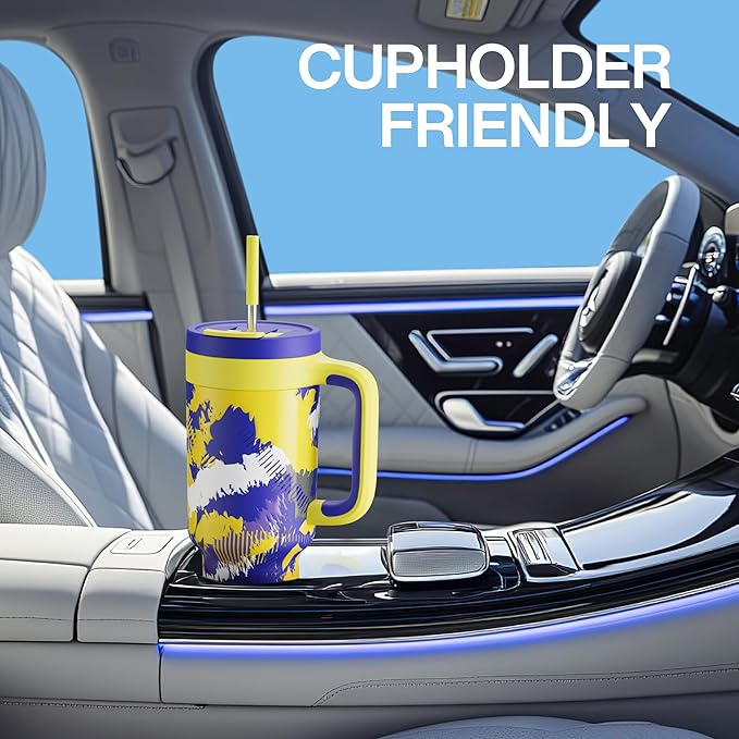 POWCAN 40 oz Tumbler with Handle, 2-in-1 Straw and Sip Lid, Leakproof, Dishwasher Safe, Insulated Stainless Steel Travel Coffee Mug, Keeps Cold for 34 Hours, Fits in Car Cup Holder (Rise to Glory)