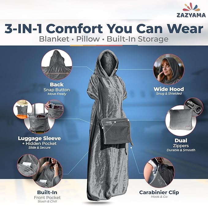 3-in-1 Travel Blanket Airplane – Compact with Bag & Pillow Combo Set, Gray Ultra-Soft Fleece | Packable Blanket Compact | Hidden Pocket | Trolley Sleeve | Carabiner | Travel Essentials