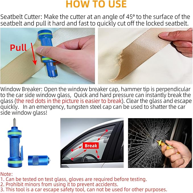 2-in-1 Window Breaker Seatbelt Cutter, Car Window Breaker Tool, Metal Glass Breaker - Extended Tungsten Steel Hammer Tip, Can Shatter Tempered & Laminated Glass (Blue, 1 PCS)