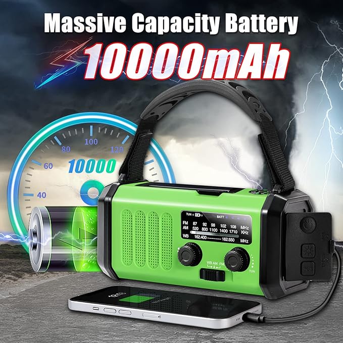 Hand Crank Emergency Radio, 10000mAh Solar Powered NOAA/AM/FM Weather Radio with Multi-Function LED Flashlight and Cell Phone Charger for Indoor/Outdoor Emergencies