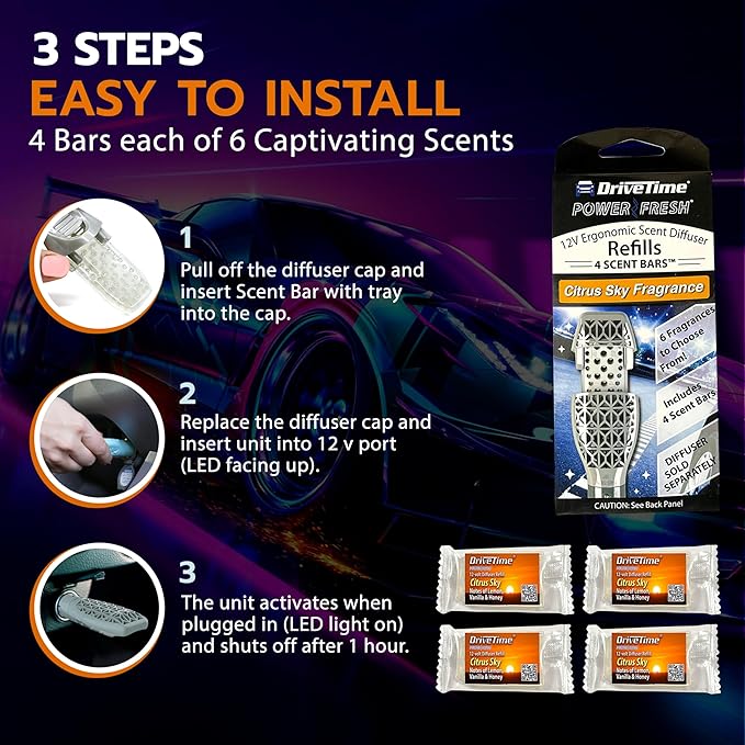 Drive Time Power Fresh 12-Volt Car Plug-In Air Fresheners – Refill Scent Bars for Vehicles, Aroma Fresheners, and Car Refreshing Scents – Includes 6 Long-Lasting Refills – Compact Size