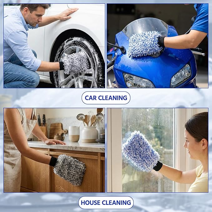 4 Pack Microfiber Car Wash Mitts Set 10x7 Inch Soft Suede Lining Car Wash Gloves, Highly Absorbent Scratch-free Cleaning Cloths for Auto Detailing, Safe with All Soaps, Bucket (Blue & Black)