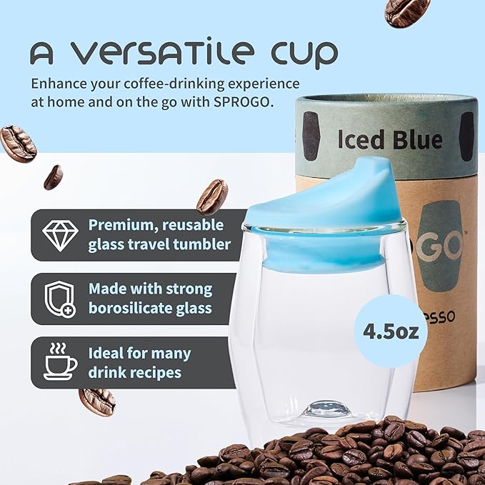 To-Go Espresso Glass Travel Mug with Lid, Reusable Double Wall Glass Tumbler, Fits Most Coffee Makers & Cupholders for Your Car, Gifts for Coffee Lovers, 4.5 oz Cortado Cup, Iced Blue