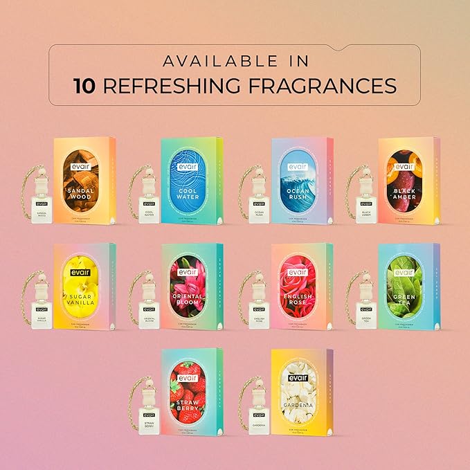Evair Hanging Car Air Freshener | Car Accessories Interior | Car Perfume Aroma with Essential Oils Fragrance in Glass Bottle with Wooden Diffuser Lid | 10 ml- Pack of 2 (Sandalwood & Ocean Rush)