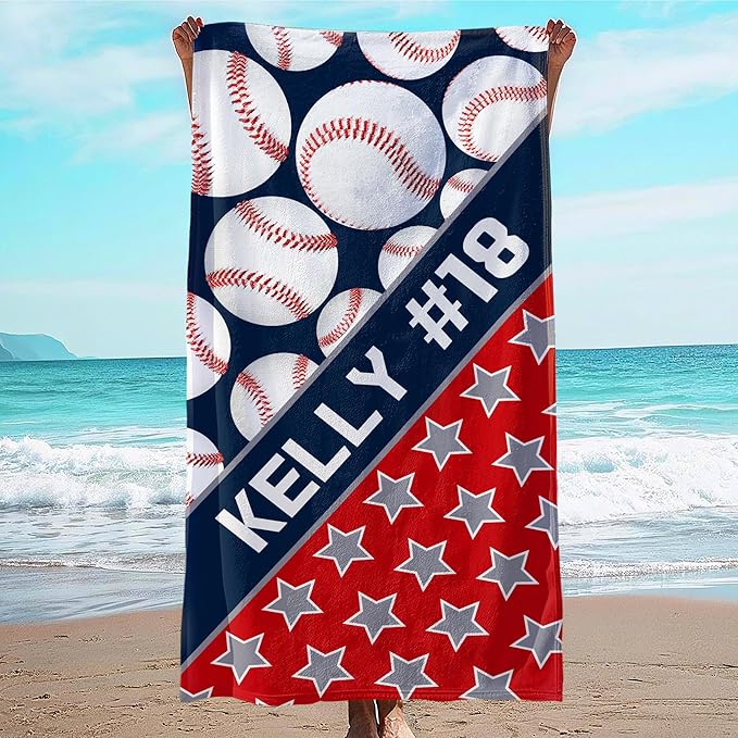 Personalized Beach Towel With Name, Custom Beach Towel with Name, Customized Baseball Microfiber Pool Towel, Quick Dry & Absorbent Swim Towel for Adult,Anniversary, Birthday, Summer Holiday,vacation